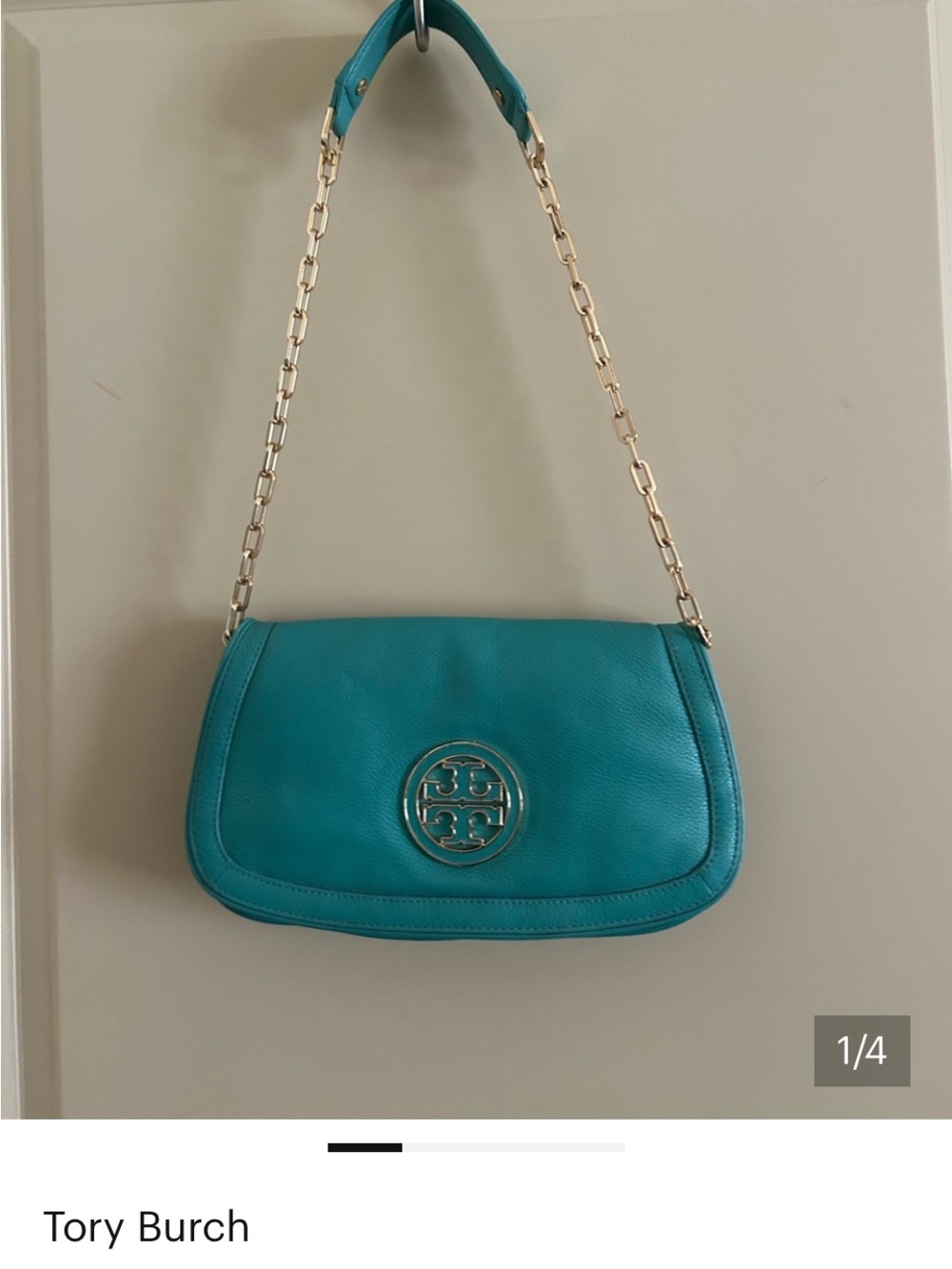 Tory Burch Teal Leather Shoulder Bag with Gold Chain